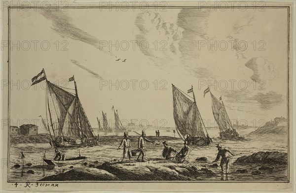 Reinier Nooms, Dutch, 1623-1667, Harbor Scene with Fisherman, 17th century, etching printed in black ink on laid paper, Plate: 5 1/8 × 8 inches (13 × 20.3 cm)