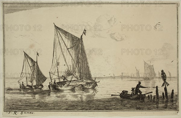 Reinier Nooms, Dutch, 1623-1667, Two Sailboats and a Rowboat, 17th century, etching printed in black ink on laid paper, Plate: 5 1/8 × 8 inches (13 × 20.3 cm)