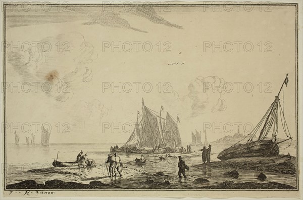 Reinier Nooms, Dutch, 1623-1667, Harbor Scene with Beached Sailing Vessel, 17th century, etching printed in black ink on laid paper, Sheet (trimmed within plate mark): 5 1/8 × 7 7/8 inches (13 × 20 cm)