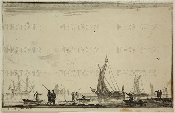 Reinier Nooms, Dutch, 1623-1667, Inland Waterway with Eight Sailing Vessels, 17th century, etching printed in black ink on laid paper, Sheet (trimmed within plate mark): 5 1/8 × 7 7/8 inches (13 × 20 cm)