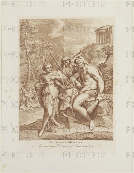 Giuseppi Zocchi, Italian, 1711-1767, after Pietro da Cortona, Italian, 1596-1669, Judgment of Hercules, 18th century, etching and engraving printed in brown ink on wove paper, Plate: 15 3/8 × 11 inches (39.1 × 27.9 cm)