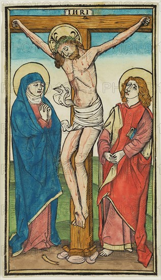 Christ on the Cross, ca. 1485, woodcut printed in black, colored by hand on laid paper, Image: 9 1/4 × 5 1/4 inches (23.5 × 13.3 cm)