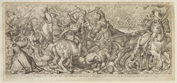 Karl Gustav von Amling, German, 1651-1702, after Pietro Candido, Netherlandish, 1548-1628, Overthrow of the Moors, 1697, engraving printed in black ink on laid paper, Sheet: 10 1/4 × 22 5/8 inches (26 × 57.5 cm)