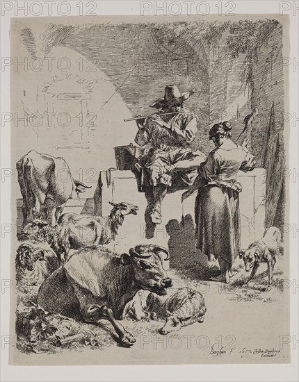 Nicolaes Berchem, Dutch, 1620-1683, Shepherd Sitting on the Fountain, 1652, etching printed in black ink on laid paper, Plate: 10 3/8 × 8 1/4 inches (26.4 × 21 cm)