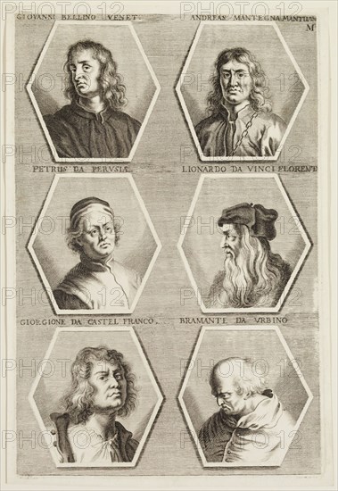 Jacob von Sandrart, German, 1630-1708, Portraits of Giovanni Bellini, Andrea Mantegna, Perugino, Leonardo da Vinci, Giorgione da Castel Franco, and Bramante da Urbino, ca. 1683, engraving printed in black ink on laid paper, Plate: 12 3/8 × 8 1/4 inches (31.4 × 21 cm)