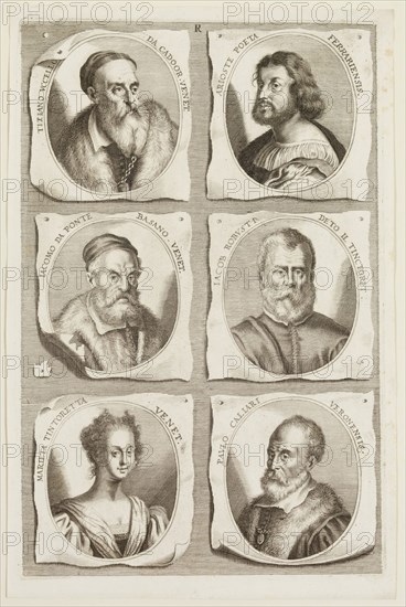 Jacob von Sandrart, German, 1630-1708, Portraits of Titian, Giacomo da Ponte, Ludovico Ariosto, Tintoretto, Marietta Tintoretta, and Paulo Caliari, ca. 1683, engraving printed in black ink on laid paper, Plate: 12 3/8 × 8 1/8 inches (31.4 × 20.6 cm)