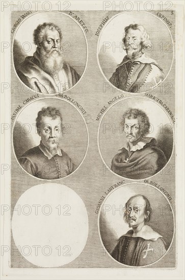 Jacob von Sandrart, German, 1630-1708, Portraits of Giorgio Vasari, Giuseppi Cesari, Annibale Caracci, Caravaggio, and Gioanni Lanfranc da Bollongnie, ca. 1683, engraving printed in black ink on laid paper, Plate: 12 3/8 × 7 7/8 inches (31.4 × 20 cm)