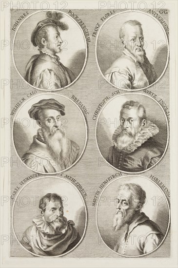 Jacob von Sandrart, German, 1630-1708, Portraits of Johann Pocksberger, Frans Floris, William Caius, Christoph Schwartz, Carel Vermander Meulebreck, and Martin Hemskirch Harlemens., ca. 1683, engraving printed in black ink on laid paper, Plate: 12 1/4 × 8 inches (31.1 × 20.3 cm)