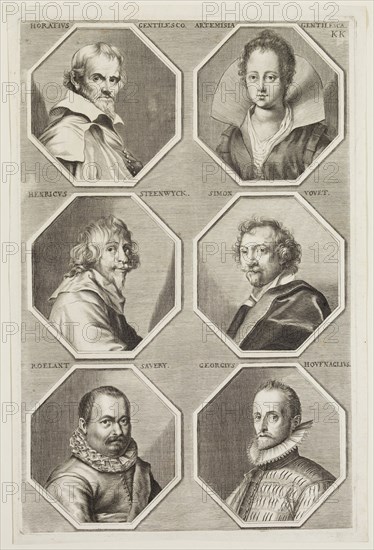 Jacob von Sandrart, German, 1630-1708, Portraits of Orazio Gentileschi, Artemesia Gentileschi, Henri van Steenwyck, Simon Vovet, Roelan Savery, and Georgius Houfnaglius, ca. 1683, engraving printed in black ink on laid paper, Plate: 12 3/8 × 8 inches (31.4 × 20.3 cm)