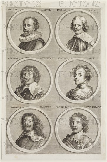 Jacob von Sandrart, German, 1630-1708, Portraits of Michiel Miereveldt, Jacques Callot, Gerrit van Honthorst, Anthony van Dyck, Adrianus Brouwer, and Cornelius Poelenbourch, ca. 1683, engraving printed in black ink on laid paper, Plate: 12 3/8 × 8 1/8 inches (31.4 × 20.6 cm)