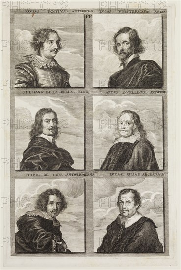 Jacob von Sandrart, German, 1630-1708, Portraits of Stefano della Bella, Paul Pontius, Lucas Vorsterman, Artus Quellinus, Peter de Jode, and Lucas Kilian, ca. 1683, engraving printed in black ink on laid paper, Plate: 12 1/2 × 8 1/4 inches (31.8 × 21 cm)