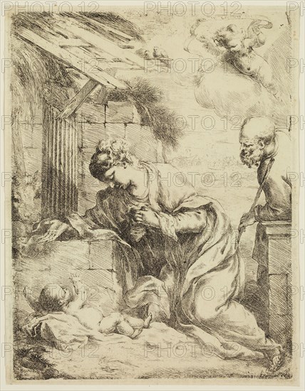 Bartolommeo Biscaino, Italian, 1632-1657, Virgin Adoring the Infant Jesus, 1655, etching printed in black ink on laid paper, Plate: 9 5/8 × 7 1/4 inches (24.4 × 18.4 cm)