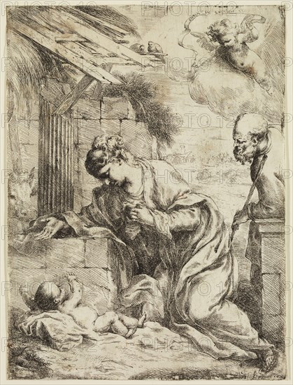 Bartolommeo Biscaino, Italian, 1632-1657, Virgin Adoring the Infant Jesus, 1655, etching printed in black ink on laid paper, Sheet (trimmed within plate mark): 9 5/8 × 7 1/4 inches (24.4 × 18.4 cm)