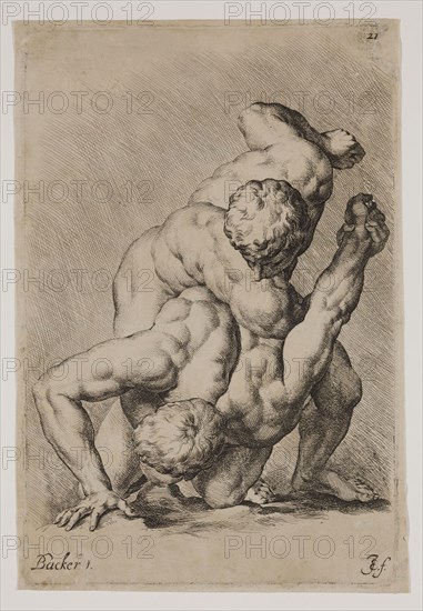 Jan de Bisschop, Dutch, 1628-1671, Wrestlers, between 1628 and 1671, etching printed in black ink on laid paper, Plate: 8 × 5 1/4 inches (20.3 × 13.3 cm)