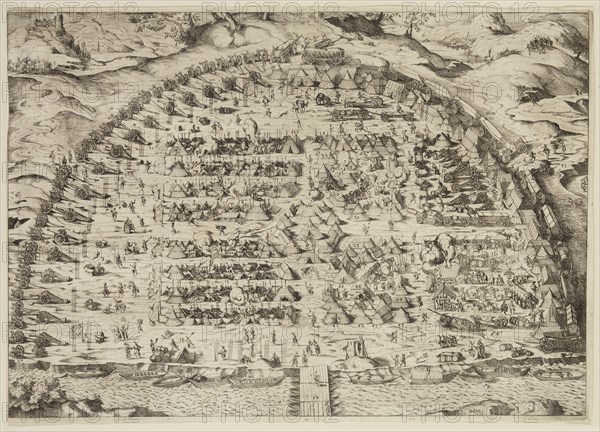 Jobst Amman, German, 1539-1591, Camp in the Half Circle, ca. 1573, etching printed in black ink on laid paper, Plate: 10 3/8 × 14 5/8 inches (26.4 × 37.1 cm)