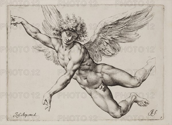 Jan de Bisschop, Dutch, 1628-1671, after Giuseppe Cesari, Italian, 1568-1640, An Angel on the Wing, between 1628 and 1671, etching and engraving printed in black ink on laid paper, Plate: 6 1/2 × 8 3/4 inches (16.5 × 22.2 cm)