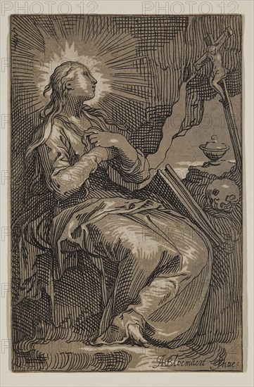 Boetius Adam Bolswert, Dutch, 1580-1633, after Abraham Bloemaert, Netherlandish, 1564-1651, Saint Mary Magdalene with the Crucifix, early 17th century, chiaroscuro woodcut printed in brown and etching printed in black ink on laid (?) paper, Sheet (trimmed within image edge): 5 1/4 × 3 3/8 inches (13.3 × 8.6 cm)