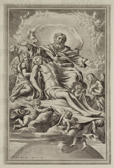 Cornelis Bloemaert the Younger, Dutch, 1603-1684, after Pietro Francesco Mola, Italian, 1612-1666, The Holy Trinity, between 1603 and 1684, engraving printed in black ink on laid paper, Sheet (trimmed within plate mark): 13 1/2 × 9 inches (34.3 × 22.9 cm)
