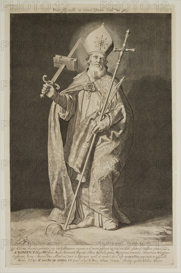 Cornelis Bloemaert the Younger, Dutch, 1603-1684, after Abraham Bloemaert, Netherlandish, 1564-1651, Saint Boniface, Archbishop of Utrecht, between 1603 and 1684, engraving printed in black ink on laid paper, Plate: 18 1/4 × 11 5/8 inches (46.4 × 29.5 cm)