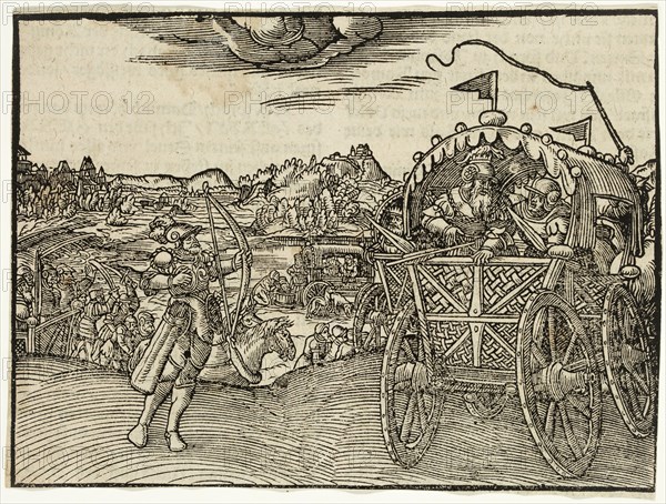 Jobst Amman, German, 1539-1591, Death of Ahab, 1564, woodcut printed in black ink on wove (?) paper, Image and sheet: 4 1/4 × 5 3/4 inches (10.8 × 14.6 cm)