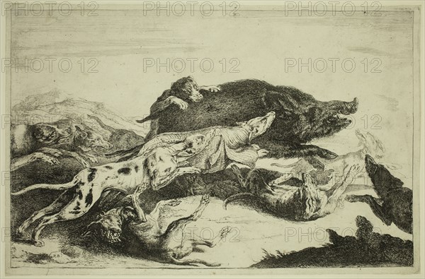 Peter Boel, Flemish, 1622-1674, The Wild Boar Hunt, mid-17th century, etching and engraving printed in black ink on laid paper, Plate: 8 3/8 × 13 inches (21.3 × 33 cm)