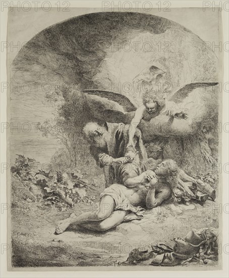 Ferdinand Bol, Dutch, 1616-1680, Abraham Offering Isaac, between 1616 and 1680, etching and drypoint printed in black ink on laid paper, Sheet: 16 1/4 × 13 1/8 inches (41.3 × 33.3 cm)