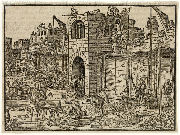 Jobst Amman, German, 1539-1591, Rebuilding of the Temple, 1564, woodcut printed in black ink on wove (?) paper, Image: 4 1/4 × 5 3/4 inches (10.8 × 14.6 cm)