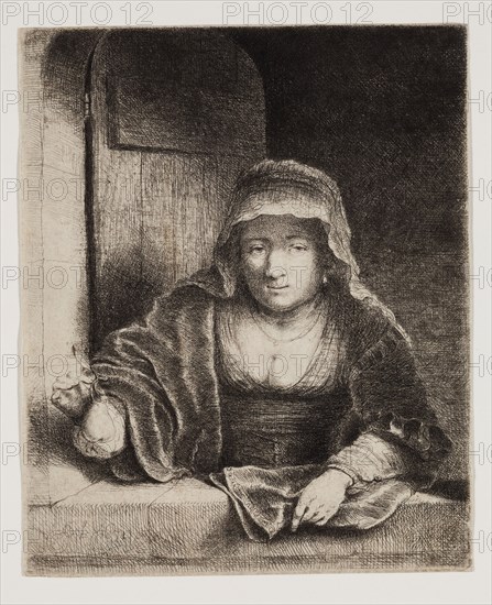 Ferdinand Bol, Dutch, 1616-1680, The Woman with the Pear, 1651, etching printed in black ink on laid paper, Plate: 5 3/4 × 4 5/8 inches (14.6 × 11.7 cm)
