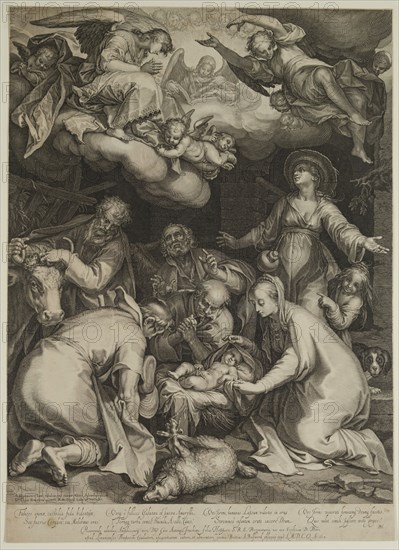 Boetius Adam Bolswert, Dutch, 1580-1633, after Abraham Bloemaert, Netherlandish, 1564-1651, Adoration of the Shepherds, 1618, engraving printed in black ink on laid paper, Sheet (trimmed within plate mark): 21 3/8 × 15 1/2 inches (54.3 × 39.4 cm)