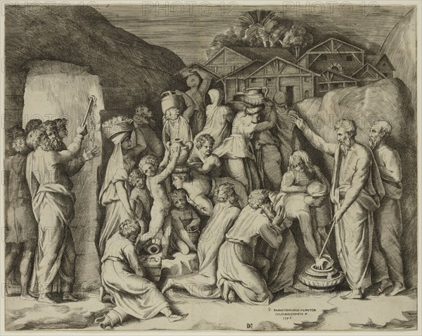 Guilio di Antonio Bonasone, Italian, 1498-1580, after Parmigianino, Italian, 1503-1540, Moses Commanding the Israelites to Gather the Manna and Moses Striking the Rock, 1546, engraving printed in black ink on laid paper, Image and sheet: 10 3/4 × 13 1/2 inches (27.3 × 34.3 cm)