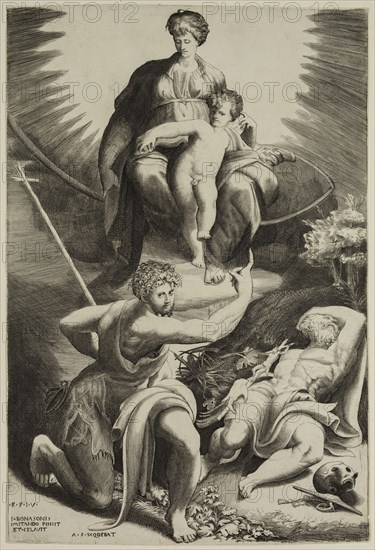 Guilio di Antonio Bonasone, Italian, 1498-1580, after Parmigianino, Italian, 1503-1540, Virgin and Infant Jesus with John the Baptist, and Saint Jerome, between 1500 and 1580, engraving printed in black ink on laid paper, Plate and sheet: 14 1/4 × 9 3/8 inches (36.2 × 23.8 cm)