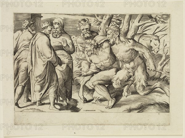 Guilio di Antonio Bonasone, Italian, 1498-1580, Two Satyrs Bring Silenus to King Midas, between 1500 and 1580, engraving printed in black ink on laid paper, Plate: 6 1/4 × 8 5/8 inches (15.9 × 21.9 cm)