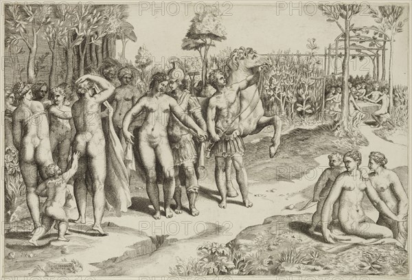 Guilio di Antonio Bonasone, Italian, 1498-1580, Amours of Alexander and Roxana, between 1500 and 1580, engraving printed in black ink on laid paper, Image: 9 1/4 × 13 3/4 inches (23.5 × 34.9 cm)