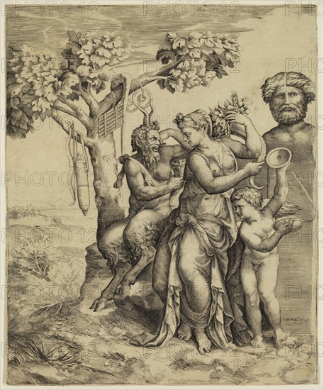 Guilio di Antonio Bonasone, Italian, 1498-1580, Pan Seated Near a Nymph with a Cornucopia, between 1500 and 1580, engraving and etching printed in black ink on laid paper, Sheet (trimmed within plate mark): 10 3/4 × 8 7/8 inches (27.3 × 22.5 cm)