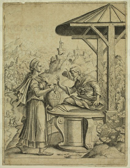 Cornelis Bos, Netherlandish, 1506-1564, Christ at the Well of Samaria, 1548, engraving printed in black ink on laid paper, Plate (and sheet): 11 1/4 × 8 1/2 inches (28.6 × 21.6 cm)