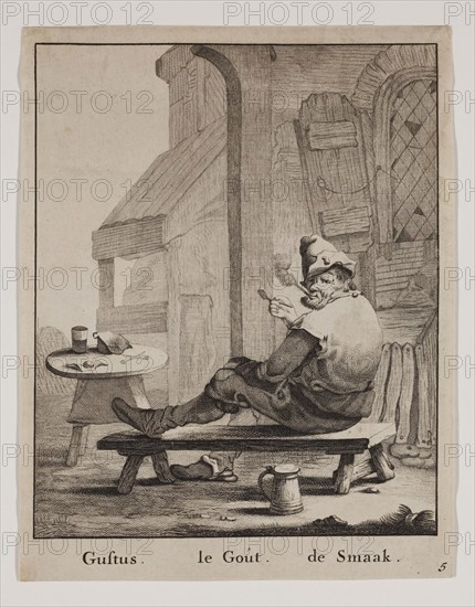 Abraham de Blois, Dutch, active 1679-1720, after Andries Dirksz Both, Dutch, 1609-1645, Taste, between 1679 and 1720, engraving and etching printed in black ink on laid paper, Image: 5 3/4 × 4 3/4 inches (14.6 × 12.1 cm)