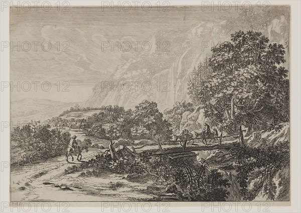Jan Dirksz Both, Dutch, ca. 1618-1652, Wooden Bridge Sulmona near Tivoli, 17th century, etching printed in black ink on laid paper, Sheet (trimmed within plate mark): 7 5/8 × 10 5/8 inches (19.4 × 27 cm)