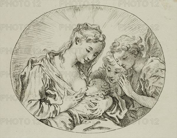 François Boucher, French, 1703-1770, Madonna and Child Adored by Angels, between 1703 and 1770, etching printed in black ink on laid paper, Plate: 8 5/8 × 9 7/8 inches (21.9 × 25.1 cm)