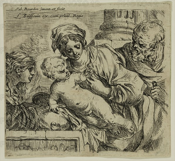 Sébastien Bourdon, French, 1616-1671, The Holy Family and Saint Catherine, between 1616 and 1671, etching printed in black ink on laid paper, Plate: 4 1/8 × 4 3/8 inches (10.5 × 11.1 cm)