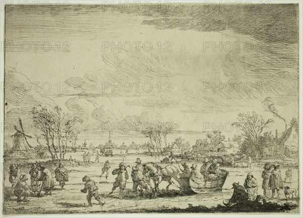 Pieter Bout, Flemish, 1658-1719, The Sleigh on Ice, late 17th/early 18th Century, etching printed in black ink on laid paper, Sheet (trimmed within plate mark): 7 5/8 × 10 5/8 inches (19.4 × 27 cm)