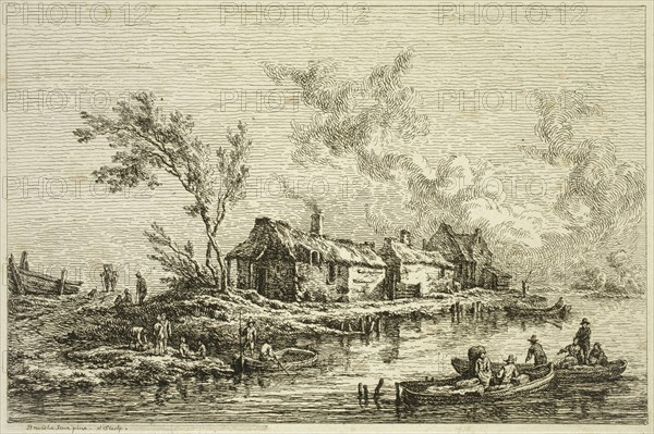 Frederich August Brand, Austrian, 1735-1806, Bank of a River with Cottages and Boats, between 1735 and 1806, etching printed in black ink on laid paper, Plate: 6 3/8 × 9 3/8 inches (16.2 × 23.8 cm)