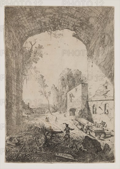 Bartholomeus Breenbergh, Dutch, 1598-1657, The Inn near the Grotto of Egeria, 1640, etching printed in black ink on laid paper, Sheet (trimmed inside plate mark): 7 1/8 × 5 inches (18.1 × 12.7 cm)