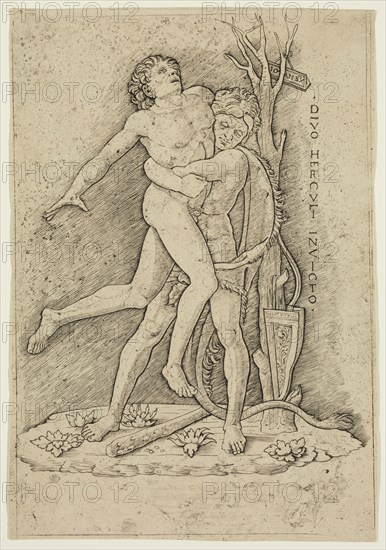 Giovanni Antonio da Brescia, Italian, ca. 1460-1520, Hercules and Antaeus, ca. between 1460 and 1520, engraving printed in black ink on laid paper, Sheet (trimmed within plate mark): 9 7/8 × 6 3/4 inches (25.1 × 17.1 cm)