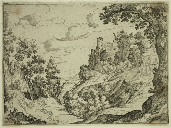 Paul Bril, Netherlandish, 1554-1626, after Pieter Bruegel the Elder, Netherlandish, 1525-1569, A Rocky Landscape, between 1554 and 1626, etching printed in black ink on laid paper, Plate: 6 1/2 × 8 7/8 inches (16.5 × 22.5 cm)