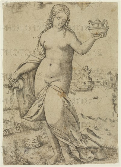 Giovanni Antonio da Brescia, Italian, ca. 1460-1520, Young Woman Watering a Plant, ca. between 1460 and 1520, engraving printed in black ink on laid paper, Sheet (trimmed within plate mark): 6 7/8 × 4 7/8 inches (17.5 × 12.4 cm)