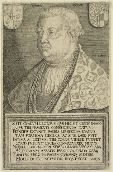 Hans Brosamer, German, 1500-1552, Johann von Henneberg, Prince-abbot of Fulda, 1541, engraving printed in black ink on laid paper, Sheet: 7 1/2 × 4 7/8 inches (19.1 × 12.4 cm)