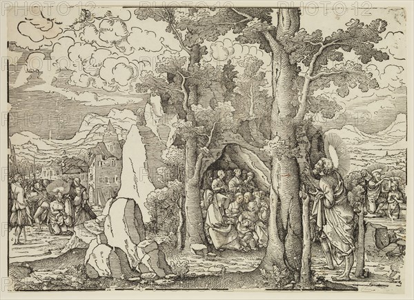 Hans Brosamer, German, 1500-1552, Saint John the Baptist Preaching, between 1500 and 1552, woodcut printed in black ink on laid paper, Sheet (trimmed within plate mark): 10 5/8 × 15 inches (27 × 38.1 cm)