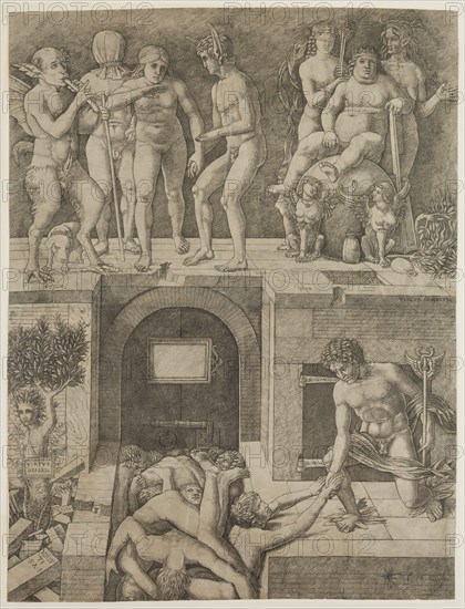 Andrea Zoan, Italian, 1475-1505, after Andrea Mantegna, Italian, 1431-1506, Ignorance and Mercury: An Allegory of Virtue and Vice, 16th Century, engraving printed in black ink on laid paper, sheet (trimmed within platemark): 21 3/4 x 16 1/4 in. (55.2 x 41.2 cm)