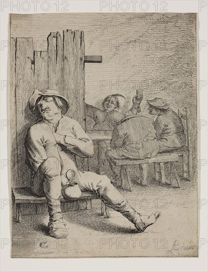 Andries Dirksz Both, Dutch, 1609-1645, after Adrian Brouwer, Dutch, 1605-1638, Sleeping Peasant on a Bench, between 1609 and 1645, etching and engraving printed in black ink on laid paper, Sheet (trimmed within plate mark): 7 × 5 3/8 inches (17.8 × 13.7 cm)