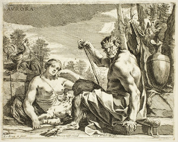 Charles Le Brun, French, 1619-1690, Aurora, between 1619 and 1690, etching printed in black ink on laid paper, Sheet (trimmed within plate mark): 7 1/4 × 9 1/4 inches (18.4 × 23.5 cm)